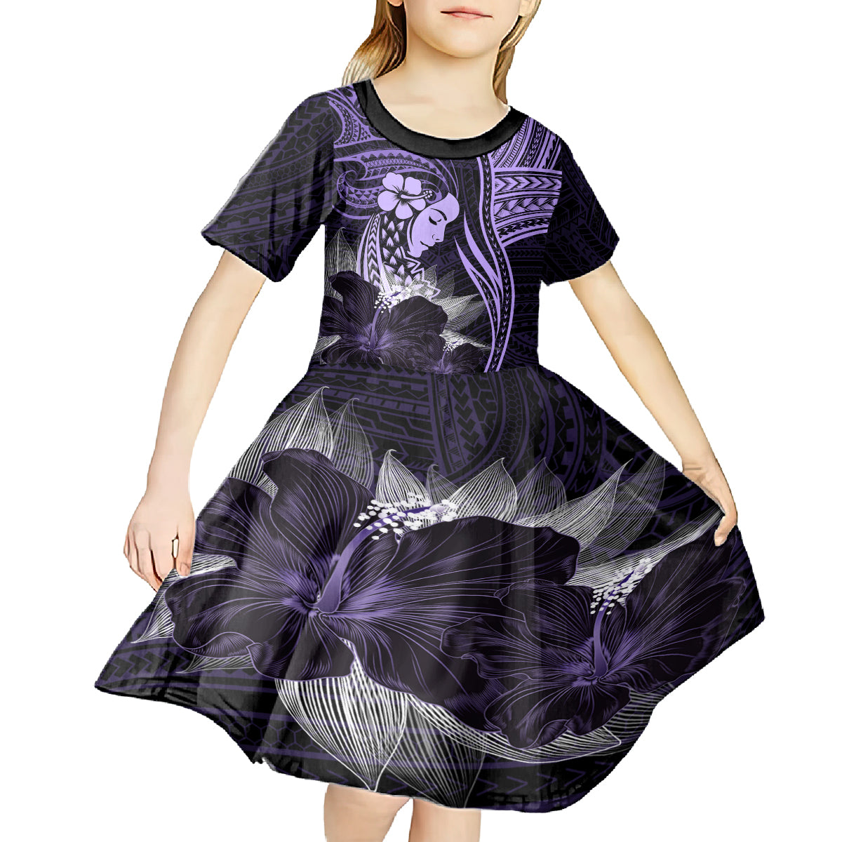 Polynesian Women Day 2024 Kid Short Sleeve Dress Hibiscus Girl Tribal LT01 - Polynesian Pride