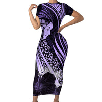 Polynesian Women Day 2024 Short Sleeve Bodycon Dress Hibiscus Girl Tribal LT01 Long Dress Purple - Polynesian Pride