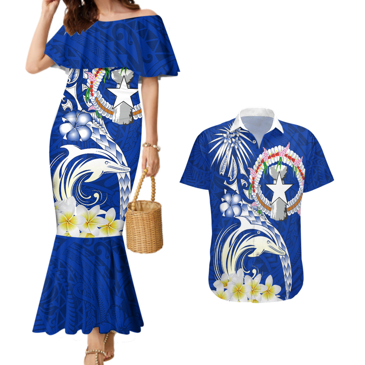 Northern Mariana Islands Commonwealth Day 2024 Couples Matching Mermaid Dress and Hawaiian Shirt Dolphin With Plumeria Flower LT01 Blue - Polynesian Pride