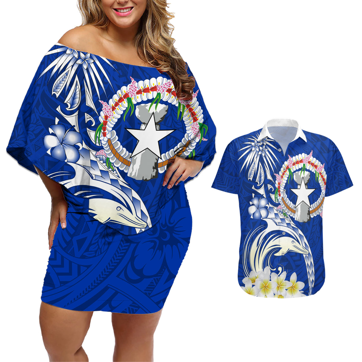 Northern Mariana Islands Commonwealth Day 2024 Couples Matching Off Shoulder Short Dress and Hawaiian Shirt Dolphin With Plumeria Flower LT01 Blue - Polynesian Pride