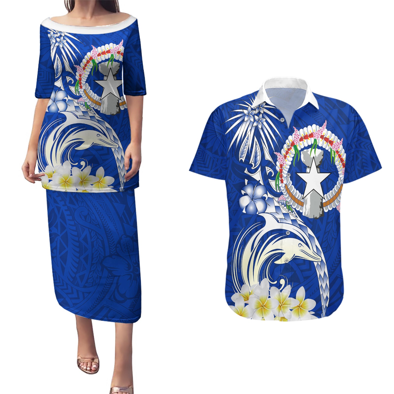 Northern Mariana Islands Commonwealth Day 2024 Couples Matching Puletasi and Hawaiian Shirt Dolphin With Plumeria Flower LT01 Blue - Polynesian Pride