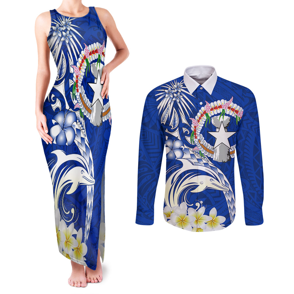 Northern Mariana Islands Commonwealth Day 2024 Couples Matching Tank Maxi Dress and Long Sleeve Button Shirt Dolphin With Plumeria Flower LT01 Blue - Polynesian Pride