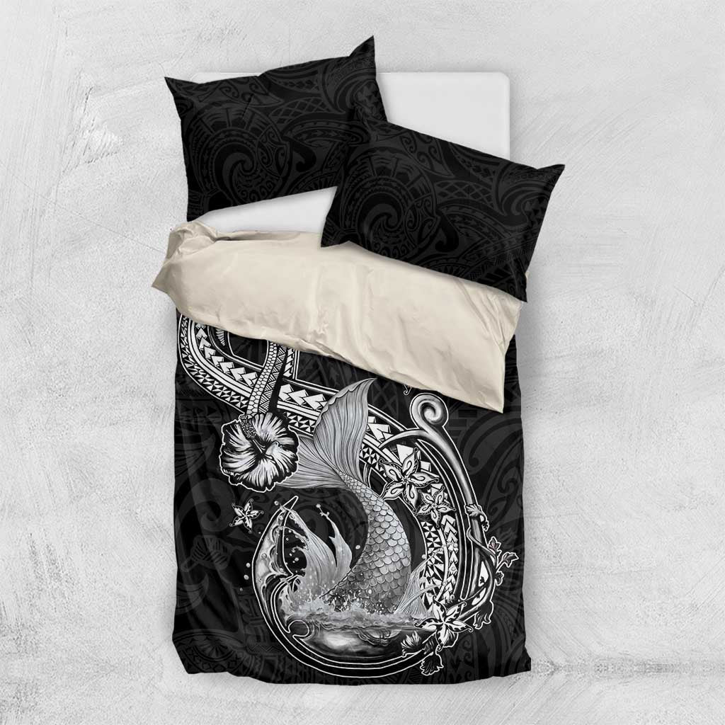 Hawaii Mermaid Monotone Bedding Set Polynesian Pattern Fish Hook LT01 US Twin 172cm x 218cm Black - Polynesian Pride