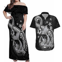 Hawaii Mermaid Monotone Couples Matching Off Shoulder Maxi Dress and Hawaiian Shirt Polynesian Pattern Fish Hook
