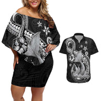 Hawaii Mermaid Monotone Couples Matching Off Shoulder Short Dress and Hawaiian Shirt Polynesian Pattern Fish Hook LT01 Black - Polynesian Pride