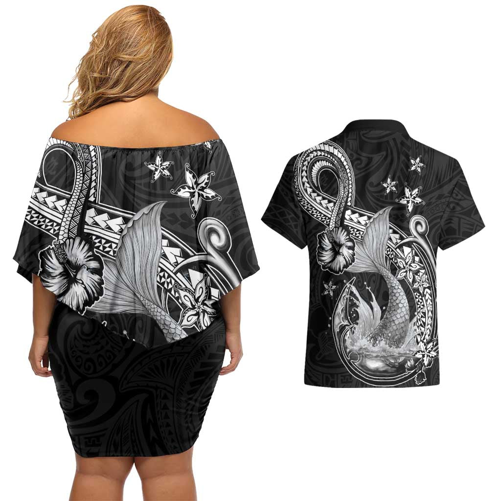 Hawaii Mermaid Monotone Couples Matching Off Shoulder Short Dress and Hawaiian Shirt Polynesian Pattern Fish Hook LT01 - Polynesian Pride