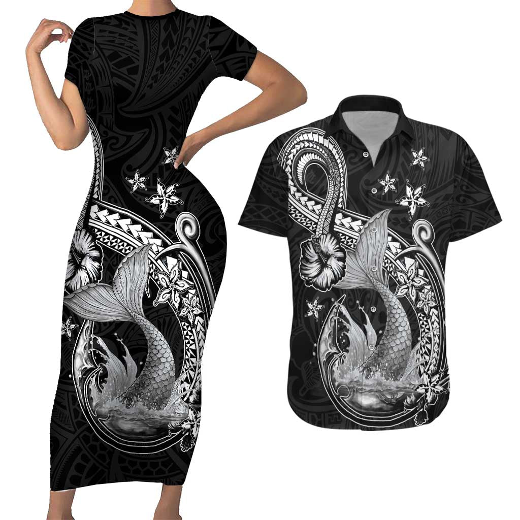 Hawaii Mermaid Monotone Couples Matching Short Sleeve Bodycon Dress and Hawaiian Shirt Polynesian Pattern Fish Hook