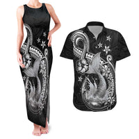 Hawaii Mermaid Monotone Couples Matching Tank Maxi Dress and Hawaiian Shirt Polynesian Pattern Fish Hook LT01 Black - Polynesian Pride