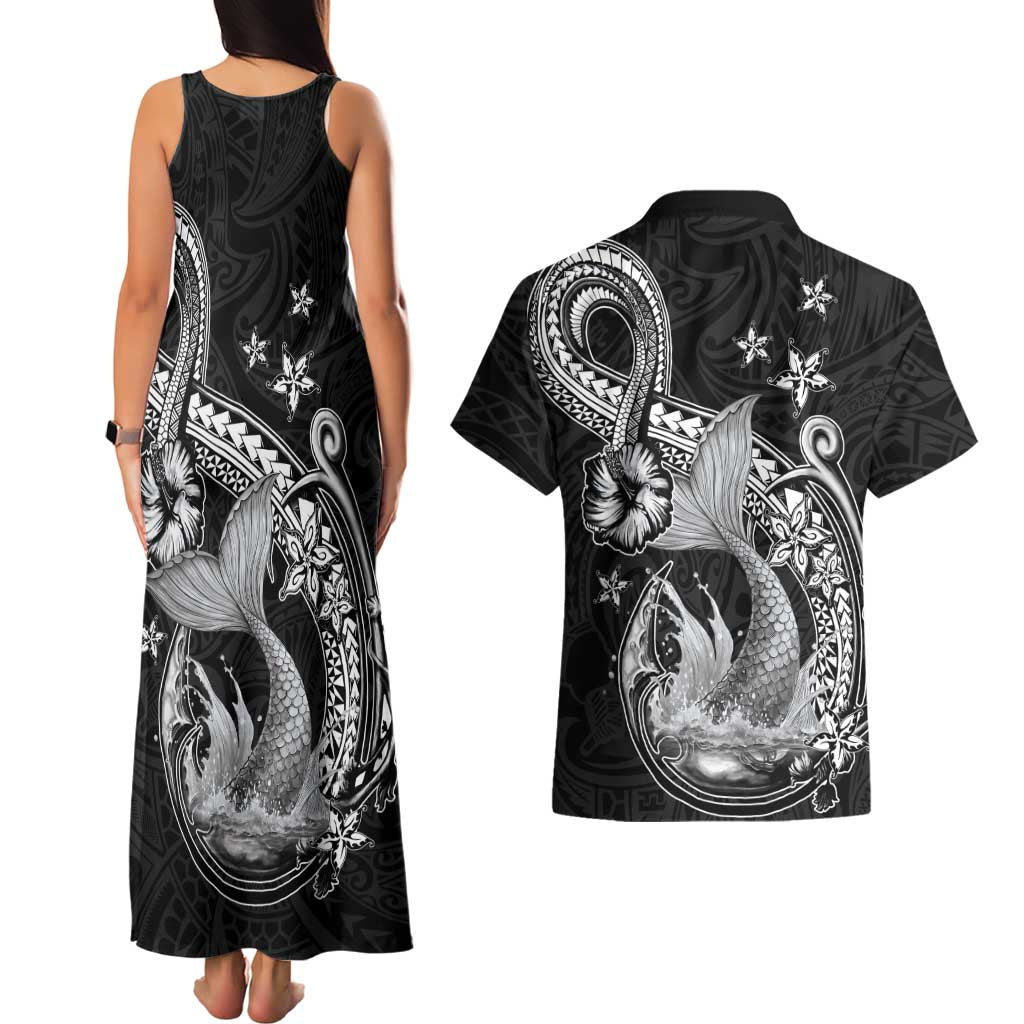 Hawaii Mermaid Monotone Couples Matching Tank Maxi Dress and Hawaiian Shirt Polynesian Pattern Fish Hook LT01 - Polynesian Pride