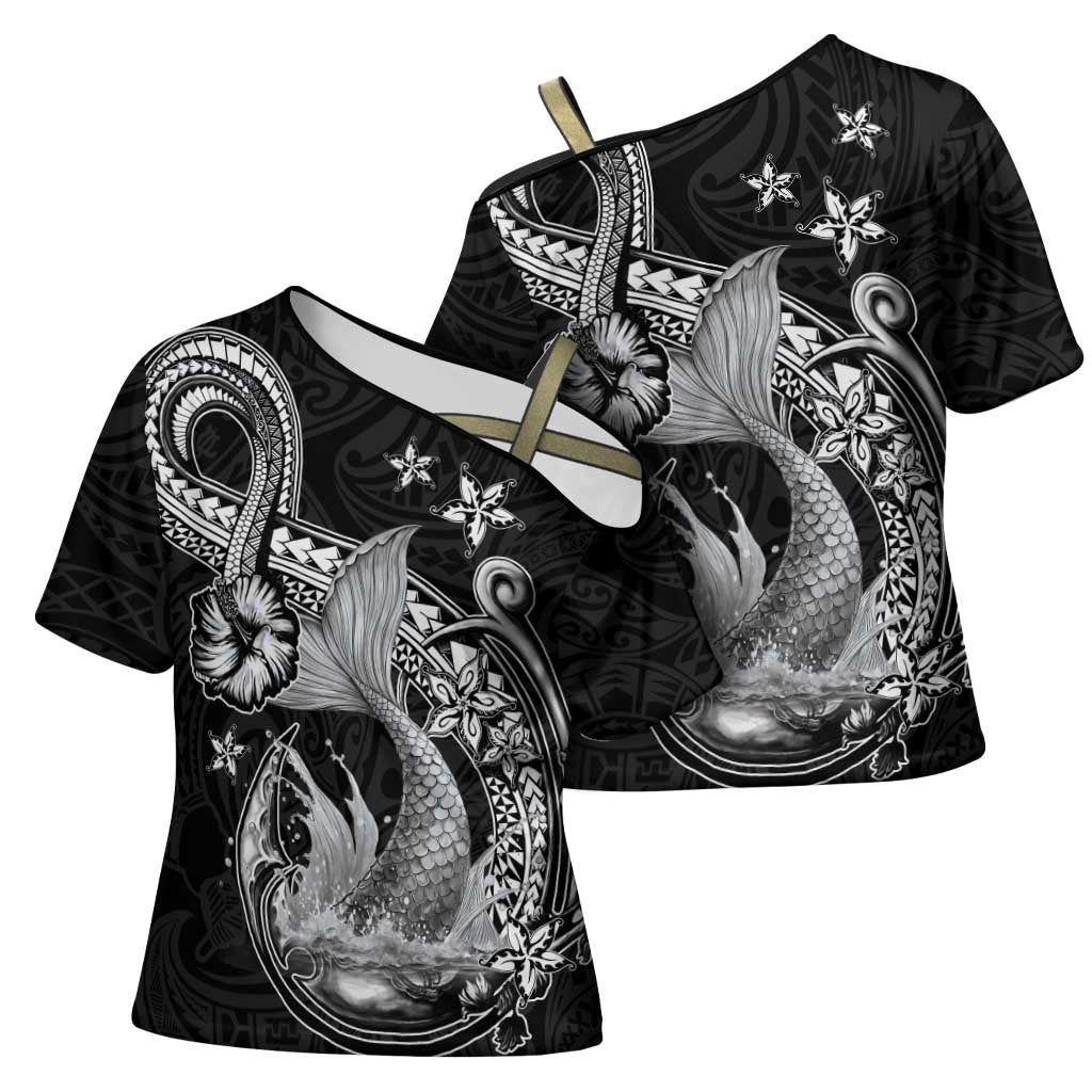 Hawaii Mermaid Monotone Cross Shoulder Shirt Polynesian Pattern Fish Hook