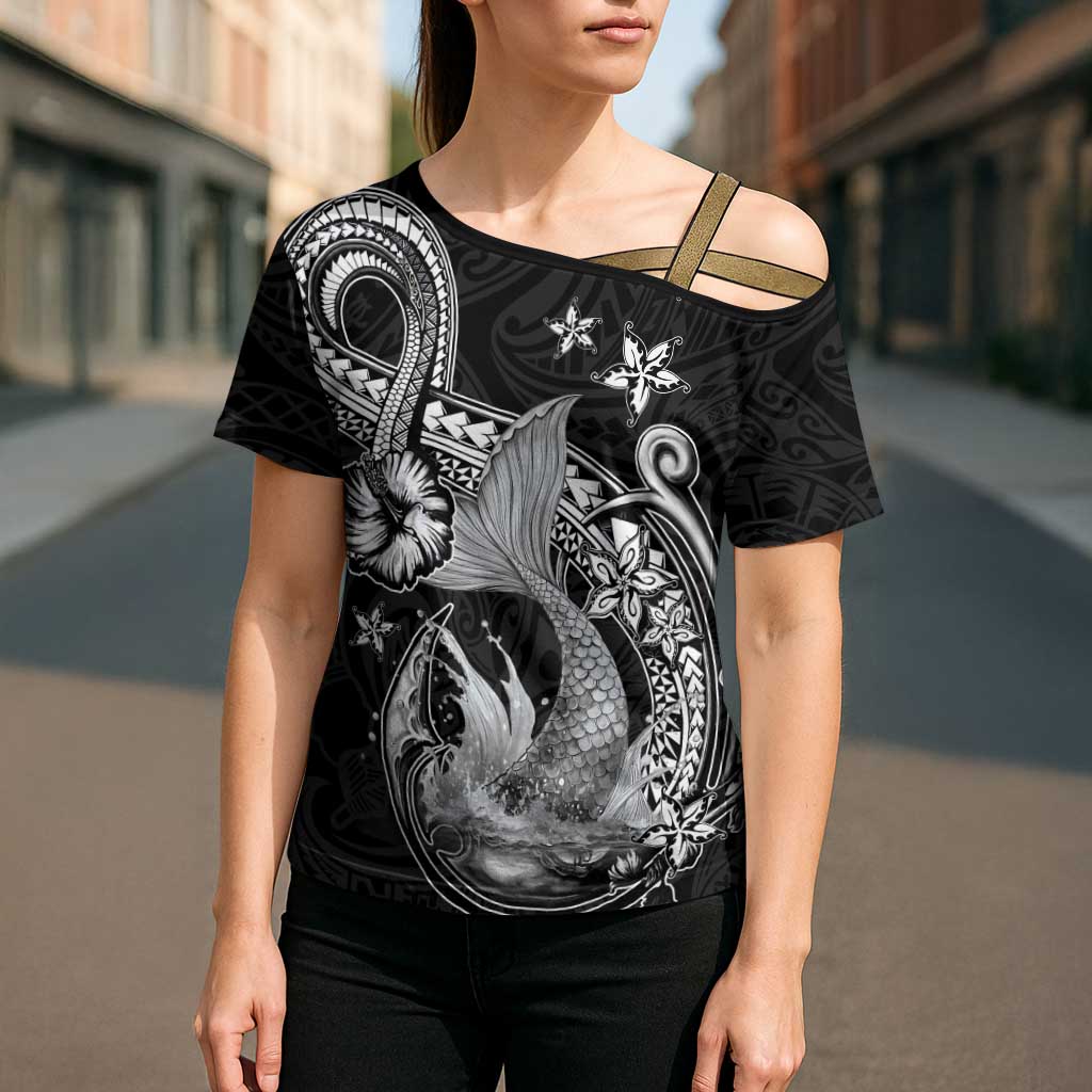 Hawaii Mermaid Monotone Cross Shoulder Shirt Polynesian Pattern Fish Hook