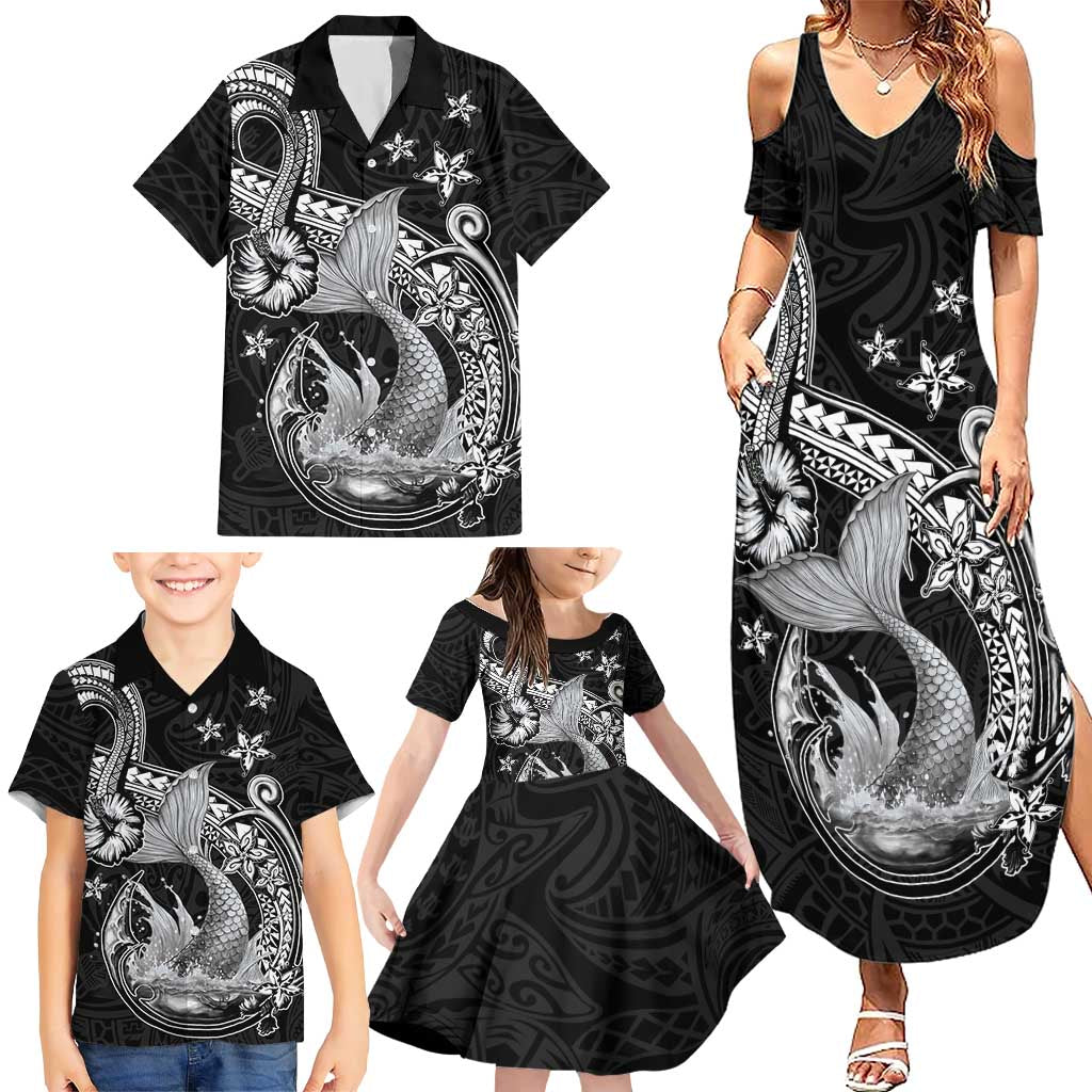 Hawaii Mermaid Monotone Family Matching Summer Maxi Dress and Hawaiian Shirt Polynesian Pattern Fish Hook