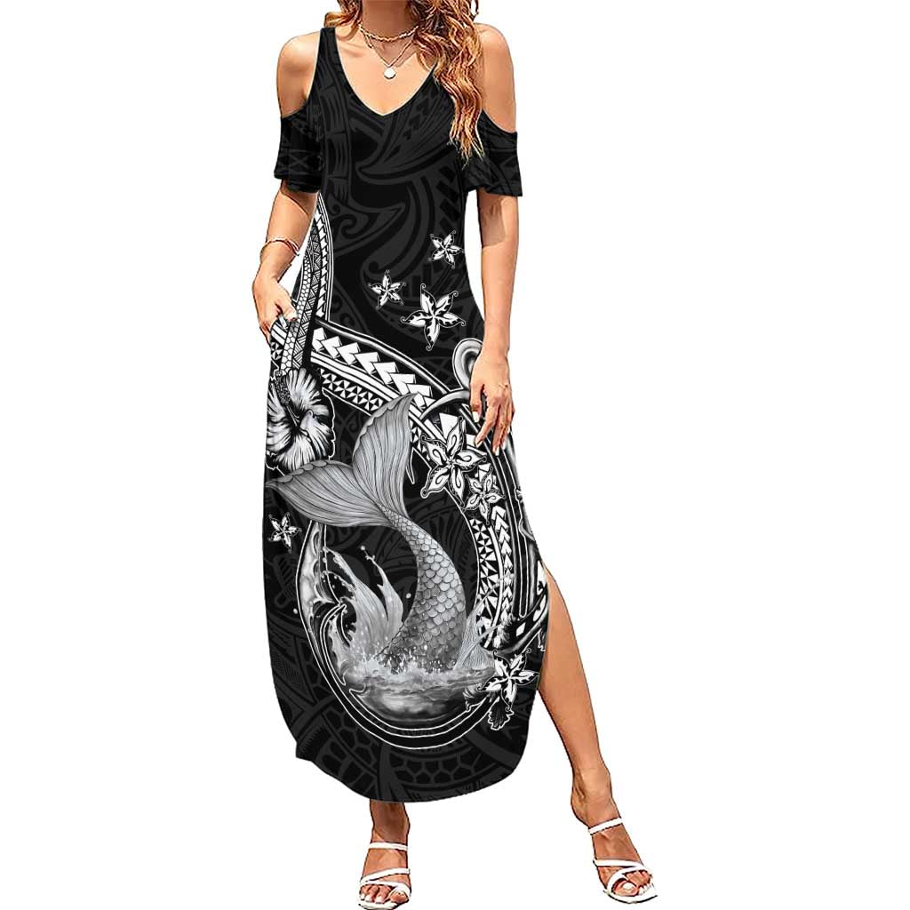 Hawaii Mermaid Monotone Family Matching Summer Maxi Dress and Hawaiian Shirt Polynesian Pattern Fish Hook