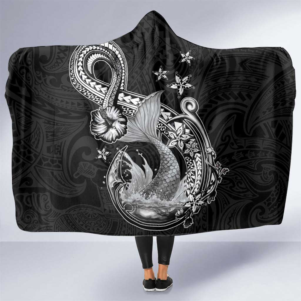 Hawaii Mermaid Monotone Hooded Blanket Polynesian Pattern Fish Hook LT01 One Size Black - Polynesian Pride