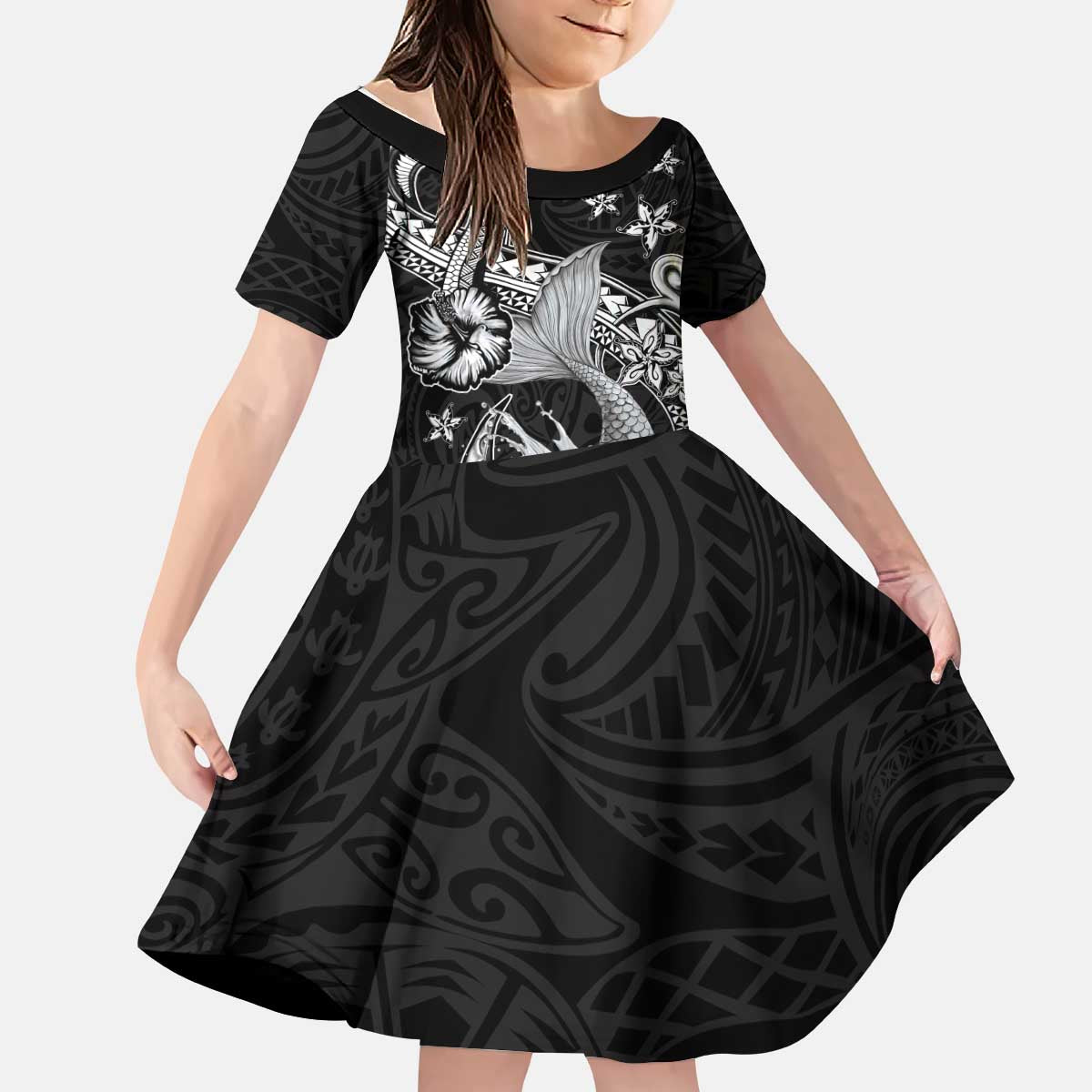 Hawaii Mermaid Monotone Kid Short Sleeve Dress Polynesian Pattern Fish Hook LT01 KID Black - Polynesian Pride