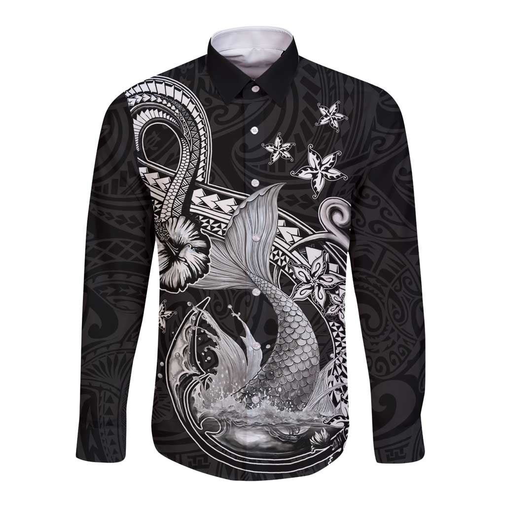 Hawaii Mermaid Monotone Long Sleeve Button Shirt Polynesian Pattern Fish Hook LT01 Unisex Black - Polynesian Pride
