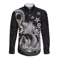 Hawaii Mermaid Monotone Long Sleeve Button Shirt Polynesian Pattern Fish Hook LT01 Unisex Black - Polynesian Pride