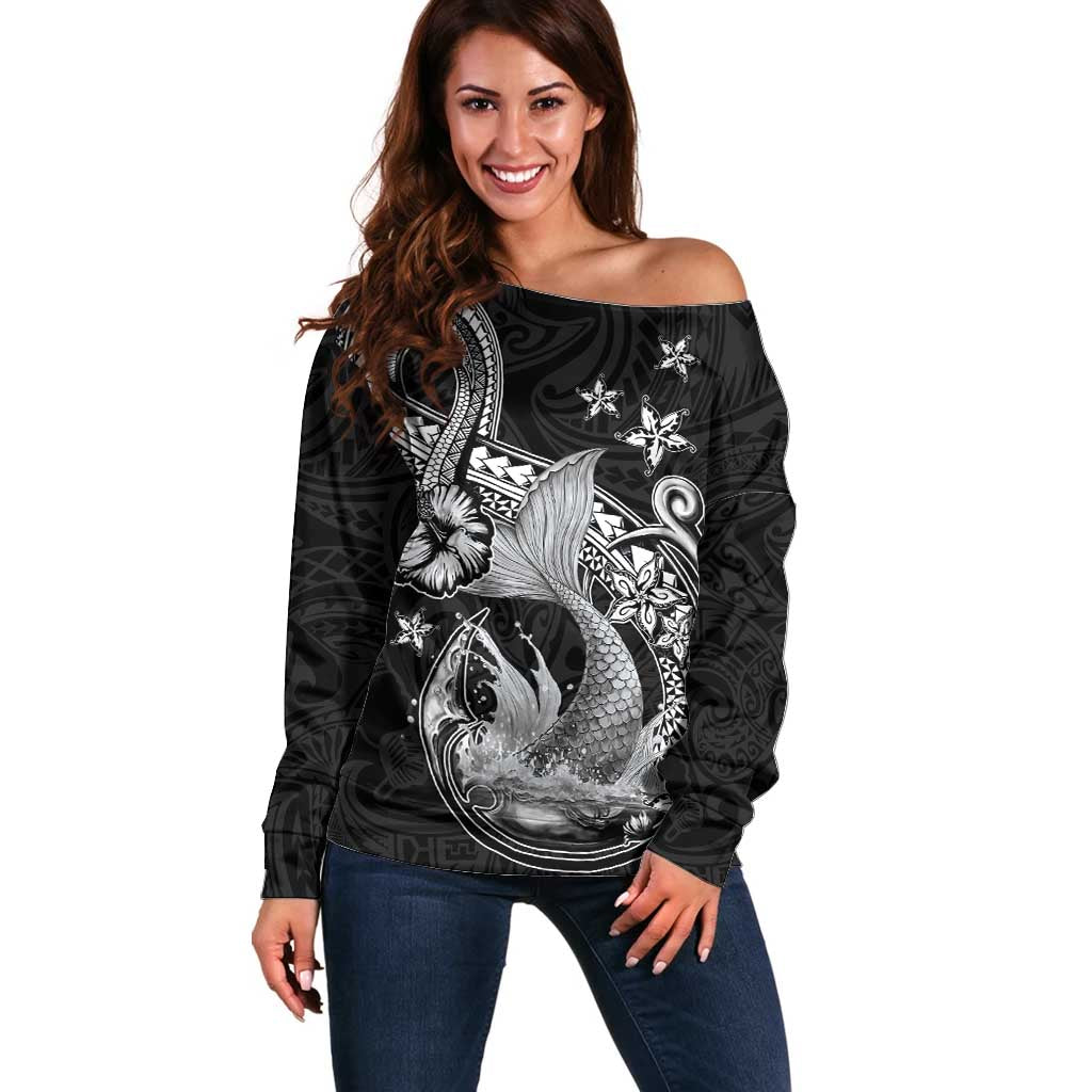 Hawaii Mermaid Monotone Off Shoulder Sweater Polynesian Pattern Fish Hook LT01 Women Black - Polynesian Pride