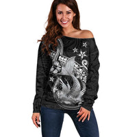 Hawaii Mermaid Monotone Off Shoulder Sweater Polynesian Pattern Fish Hook LT01 Women Black - Polynesian Pride