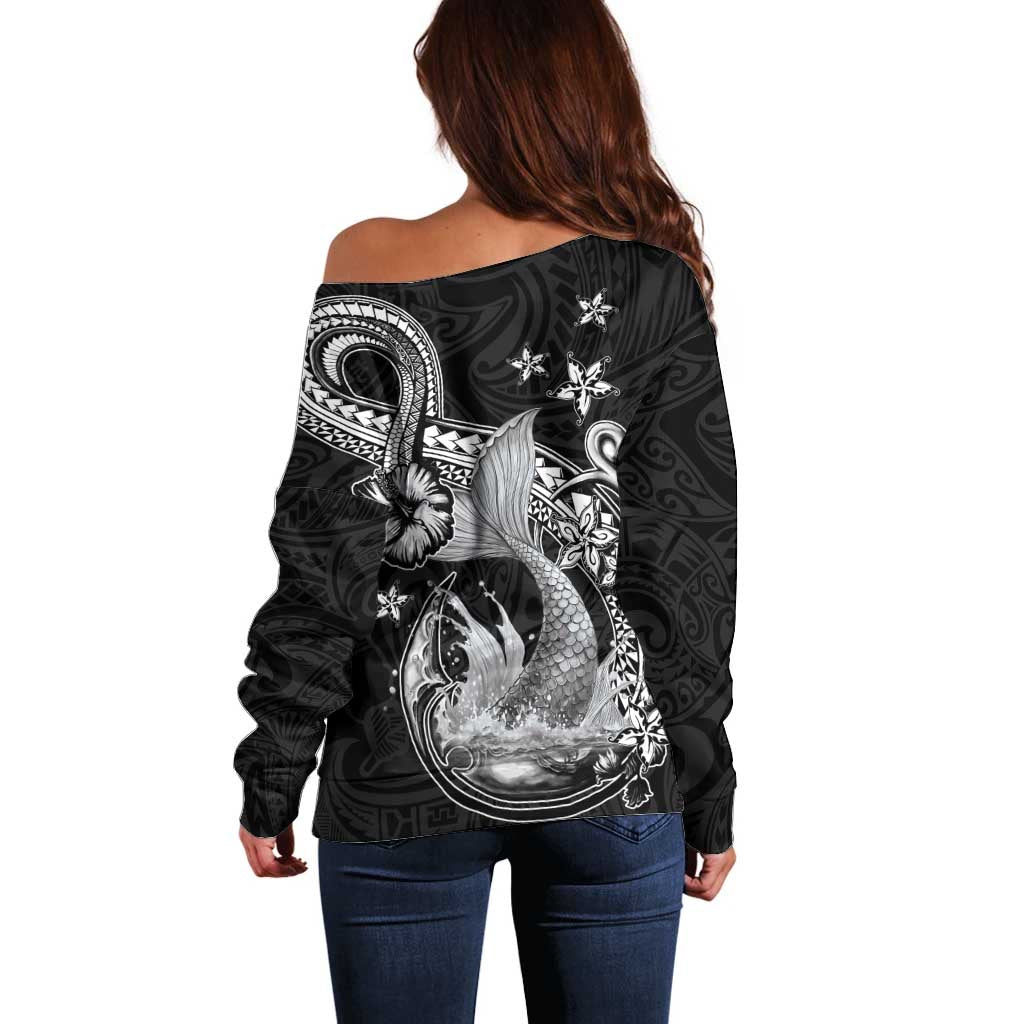 Hawaii Mermaid Monotone Off Shoulder Sweater Polynesian Pattern Fish Hook LT01 - Polynesian Pride