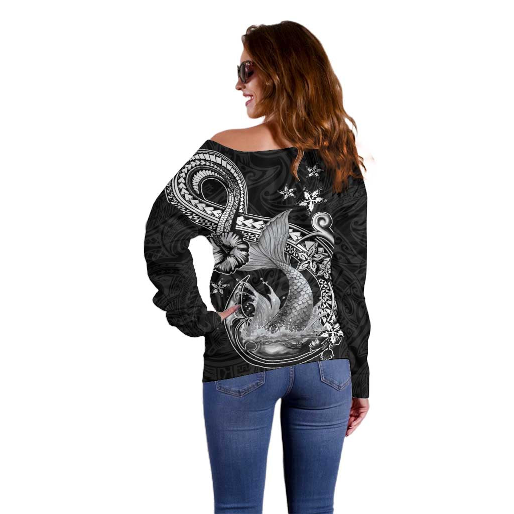 Hawaii Mermaid Monotone Off Shoulder Sweater Polynesian Pattern Fish Hook LT01 - Polynesian Pride