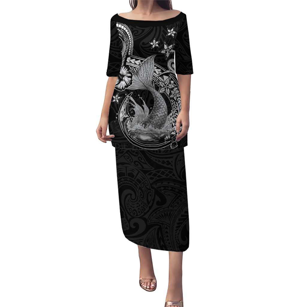 Hawaii Mermaid Monotone Puletasi Polynesian Pattern Fish Hook LT01 Long Dress Black - Polynesian Pride