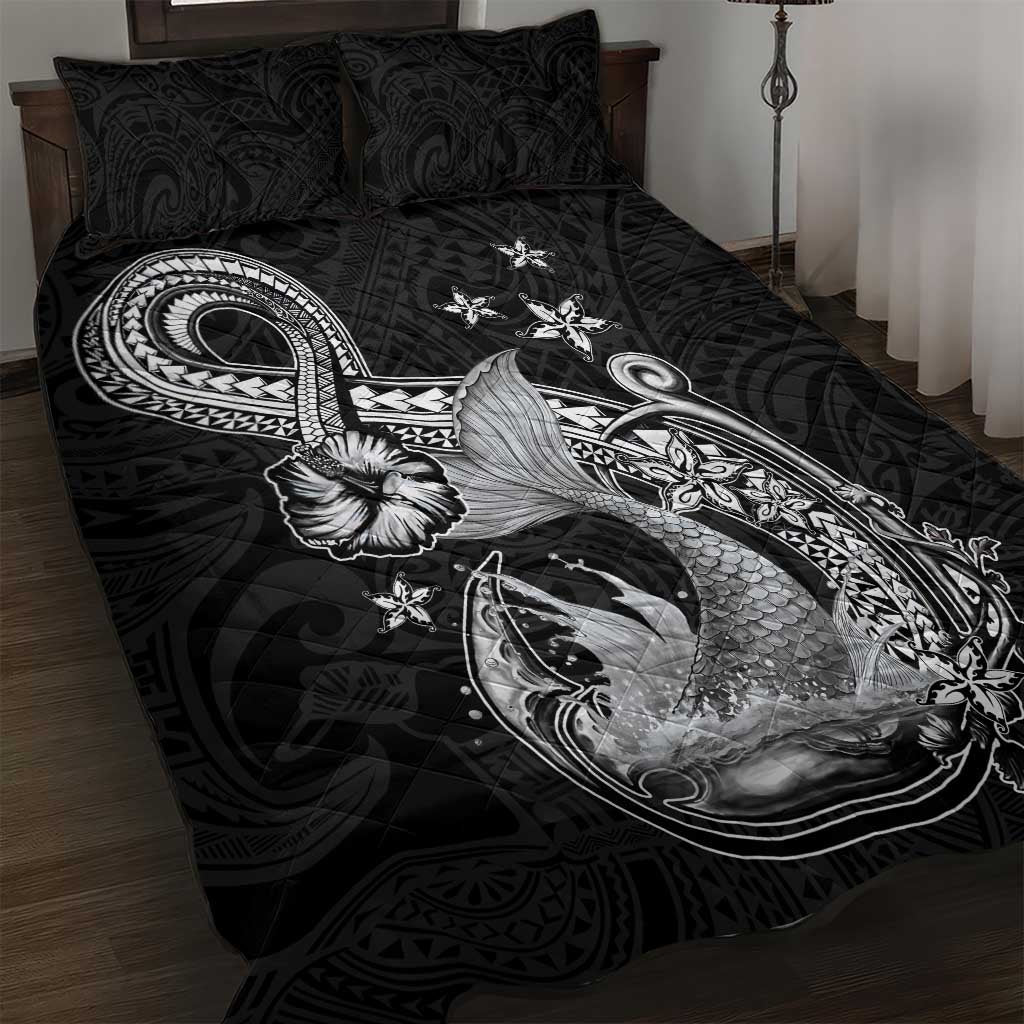 Hawaii Mermaid Monotone Quilt Bed Set Polynesian Pattern Fish Hook LT01 Black - Polynesian Pride