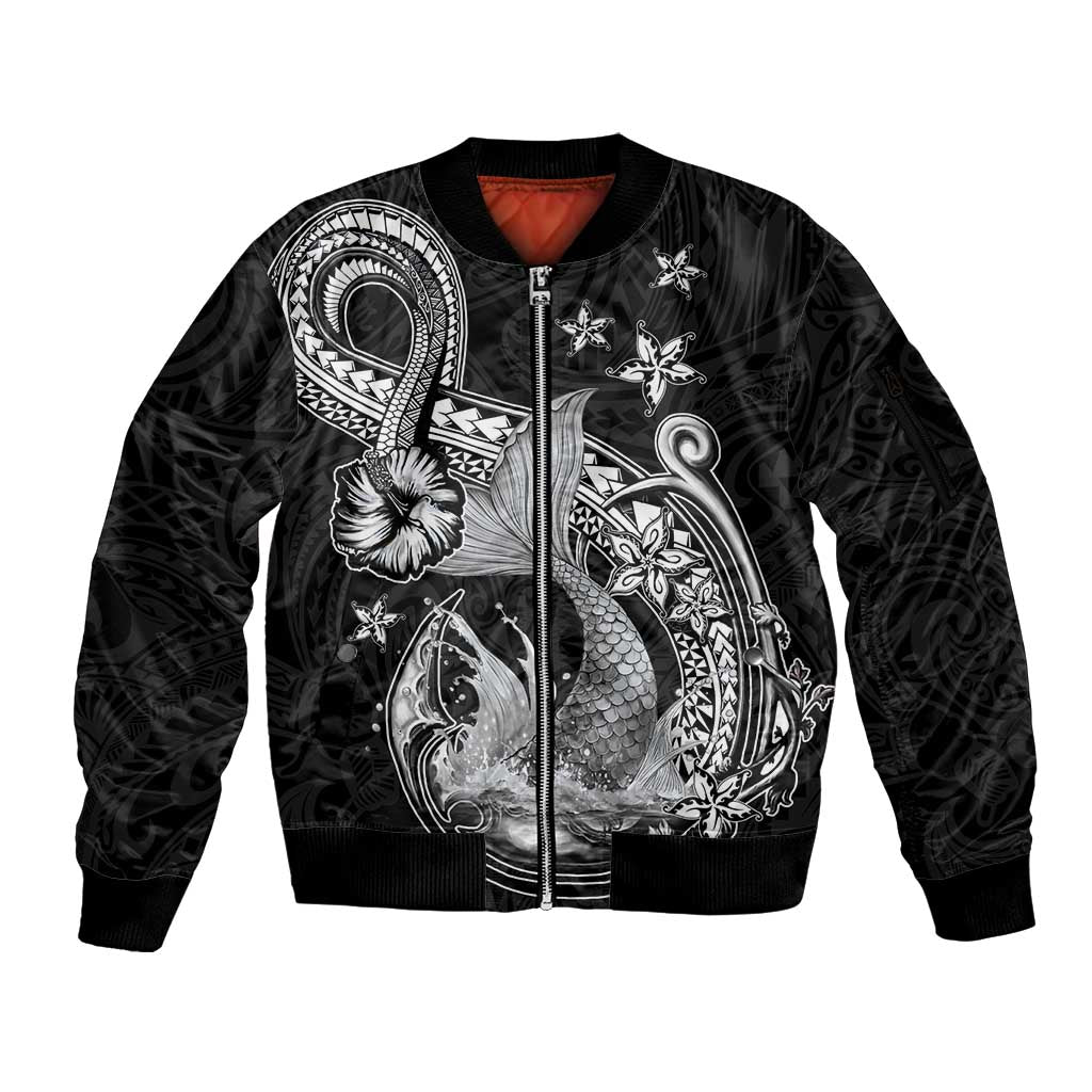 Hawaii Mermaid Monotone Sleeve Zip Bomber Jacket Polynesian Pattern Fish Hook LT01 Unisex Black - Polynesian Pride