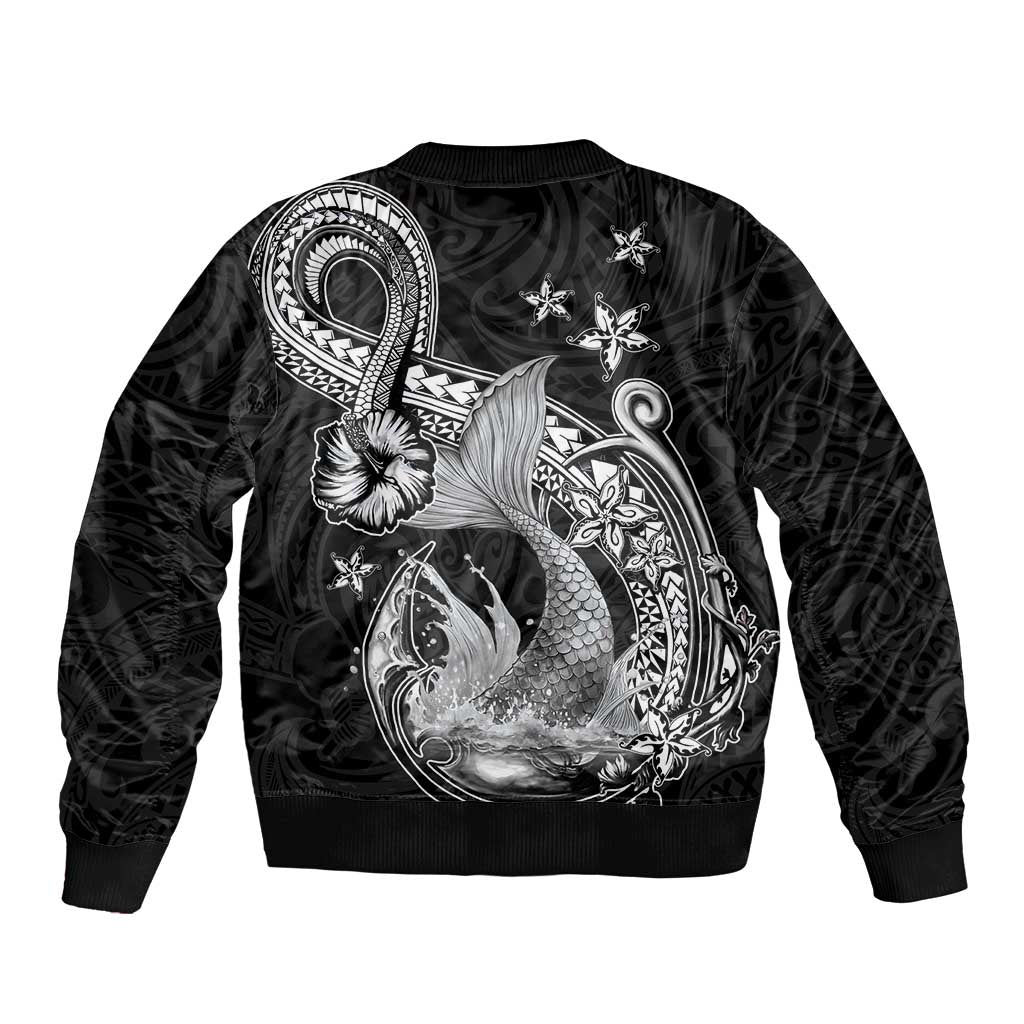 Hawaii Mermaid Monotone Sleeve Zip Bomber Jacket Polynesian Pattern Fish Hook LT01 - Polynesian Pride