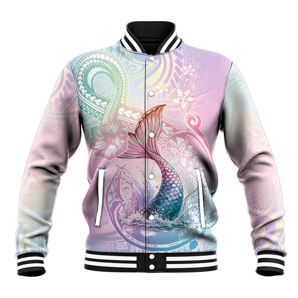 Hawaii Mermaid Sweet Pastel Baseball Jacket Polynesian Pattern Fish Hook