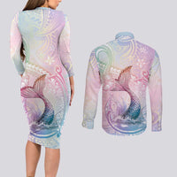 Hawaii Mermaid Sweet Pastel Couples Matching Long Sleeve Bodycon Dress and Long Sleeve Button Shirt Polynesian Pattern Fish Hook
