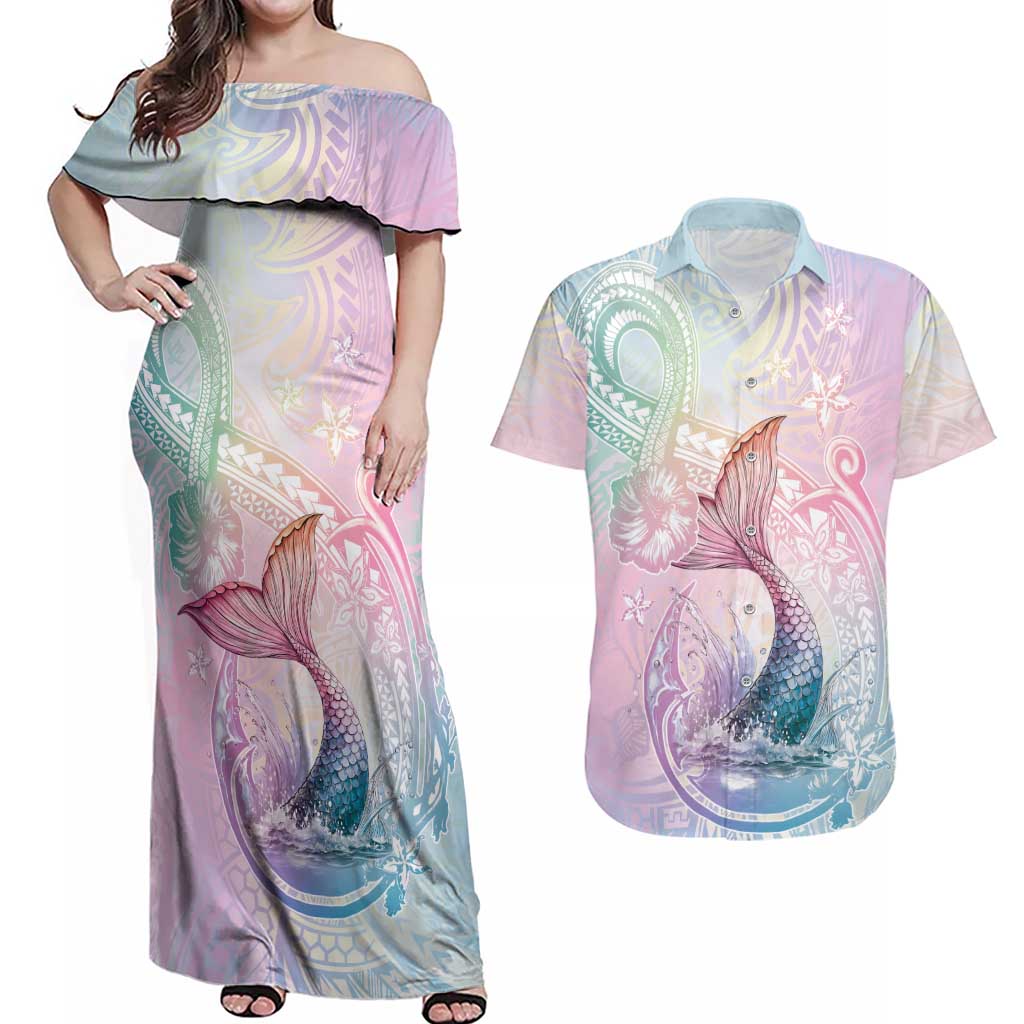 Hawaii Mermaid Sweet Pastel Couples Matching Off Shoulder Maxi Dress and Hawaiian Shirt Polynesian Pattern Fish Hook LT01 Multicolor - Polynesian Pride