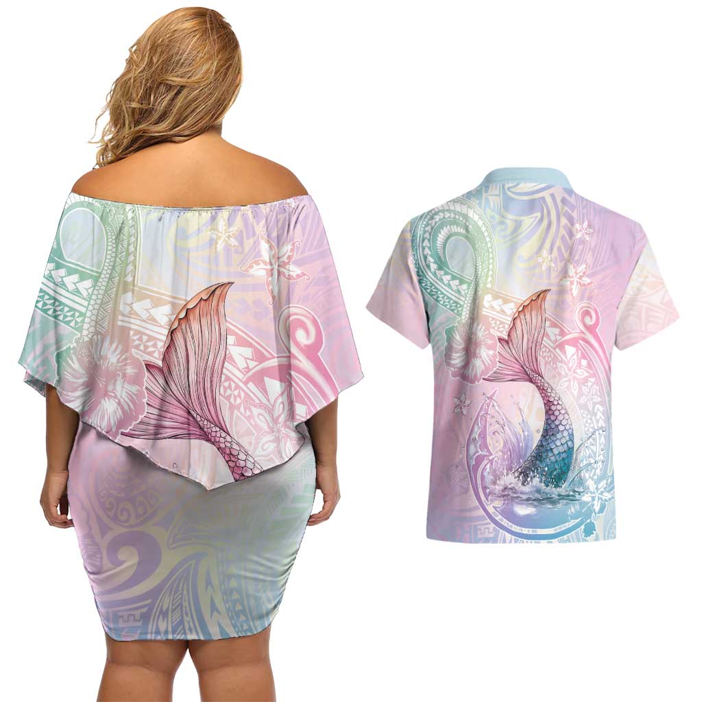 Hawaii Mermaid Sweet Pastel Couples Matching Off Shoulder Short Dress and Hawaiian Shirt Polynesian Pattern Fish Hook LT01 - Polynesian Pride