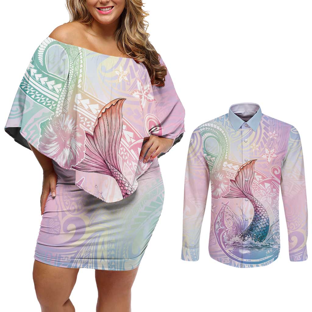 Hawaii Mermaid Sweet Pastel Couples Matching Off Shoulder Short Dress and Long Sleeve Button Shirt Polynesian Pattern Fish Hook