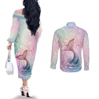 Hawaii Mermaid Sweet Pastel Couples Matching Off The Shoulder Long Sleeve Dress and Long Sleeve Button Shirt Polynesian Pattern Fish Hook