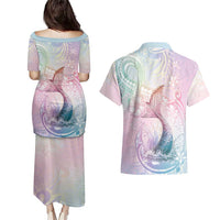 Hawaii Mermaid Sweet Pastel Couples Matching Puletasi and Hawaiian Shirt Polynesian Pattern Fish Hook