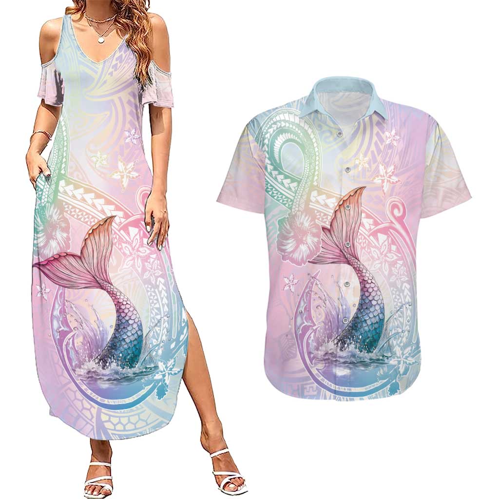 Hawaii Mermaid Sweet Pastel Couples Matching Summer Maxi Dress and Hawaiian Shirt Polynesian Pattern Fish Hook LT01 Multicolor - Polynesian Pride