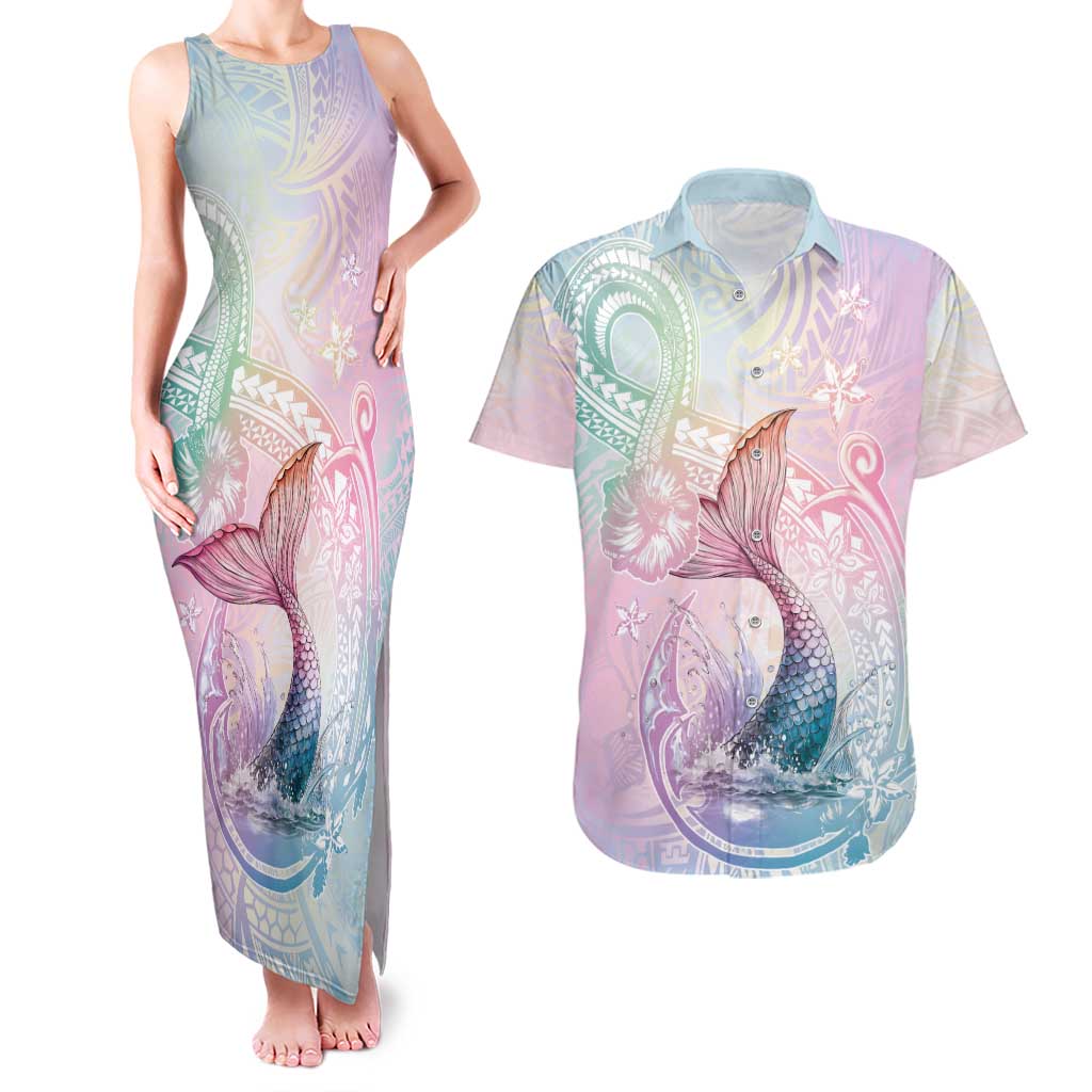Hawaii Mermaid Sweet Pastel Couples Matching Tank Maxi Dress and Hawaiian Shirt Polynesian Pattern Fish Hook