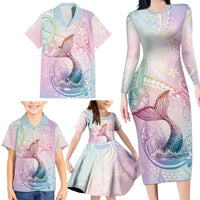 Hawaii Mermaid Sweet Pastel Family Matching Long Sleeve Bodycon Dress and Hawaiian Shirt Polynesian Pattern Fish Hook
