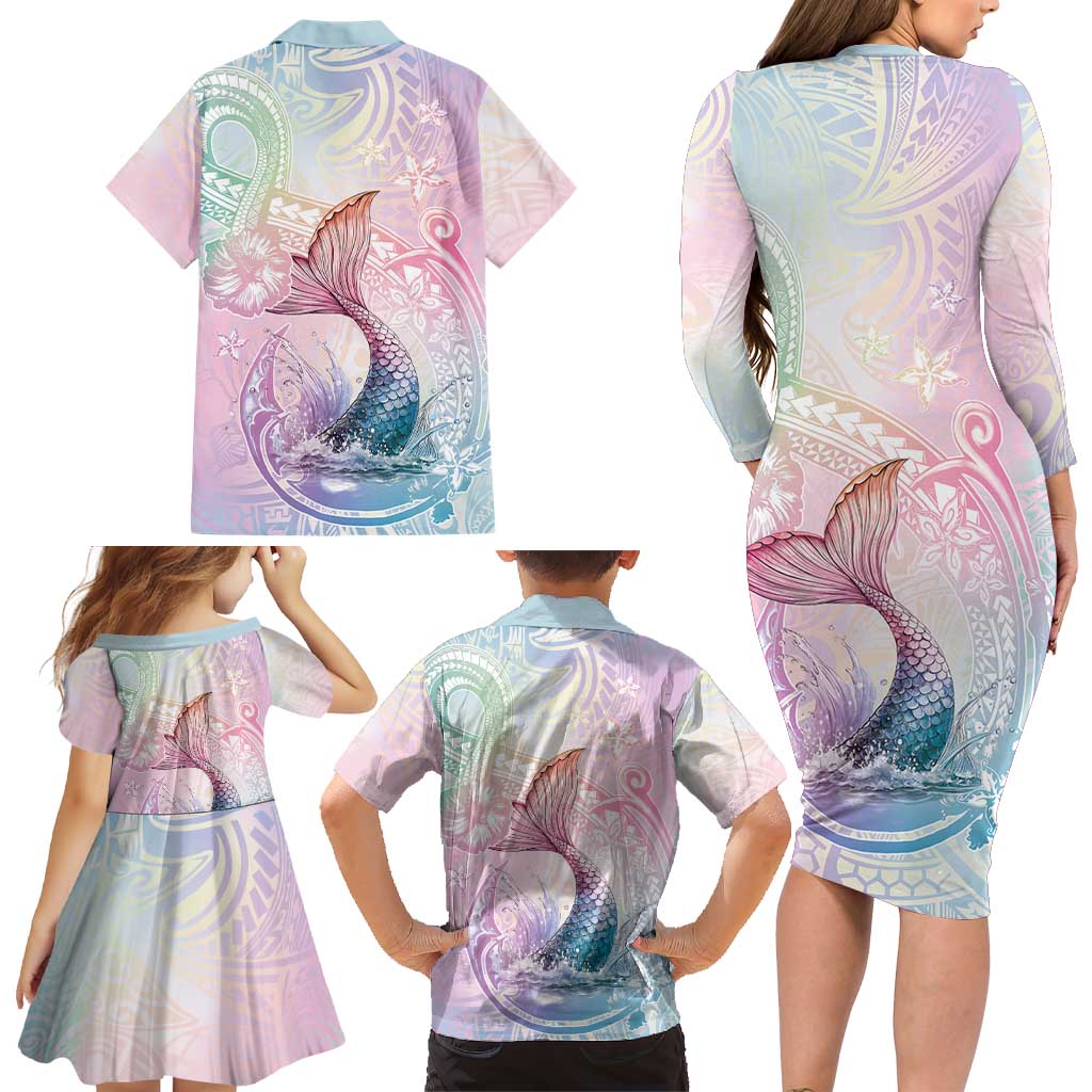 Hawaii Mermaid Sweet Pastel Family Matching Long Sleeve Bodycon Dress and Hawaiian Shirt Polynesian Pattern Fish Hook