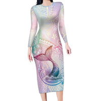 Hawaii Mermaid Sweet Pastel Family Matching Long Sleeve Bodycon Dress and Hawaiian Shirt Polynesian Pattern Fish Hook