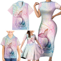 Hawaii Mermaid Sweet Pastel Family Matching Short Sleeve Bodycon Dress and Hawaiian Shirt Polynesian Pattern Fish Hook