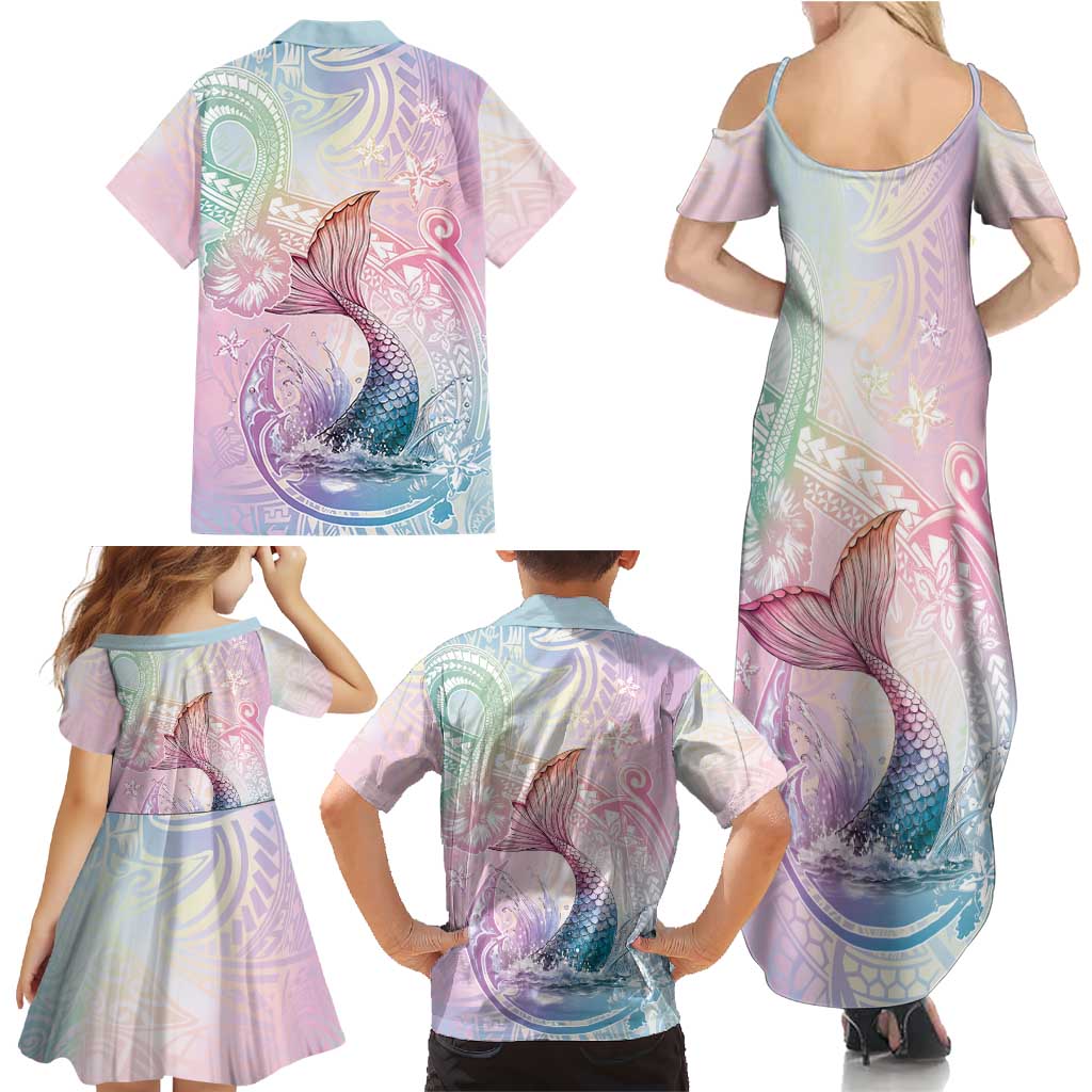 Hawaii Mermaid Sweet Pastel Family Matching Summer Maxi Dress and Hawaiian Shirt Polynesian Pattern Fish Hook