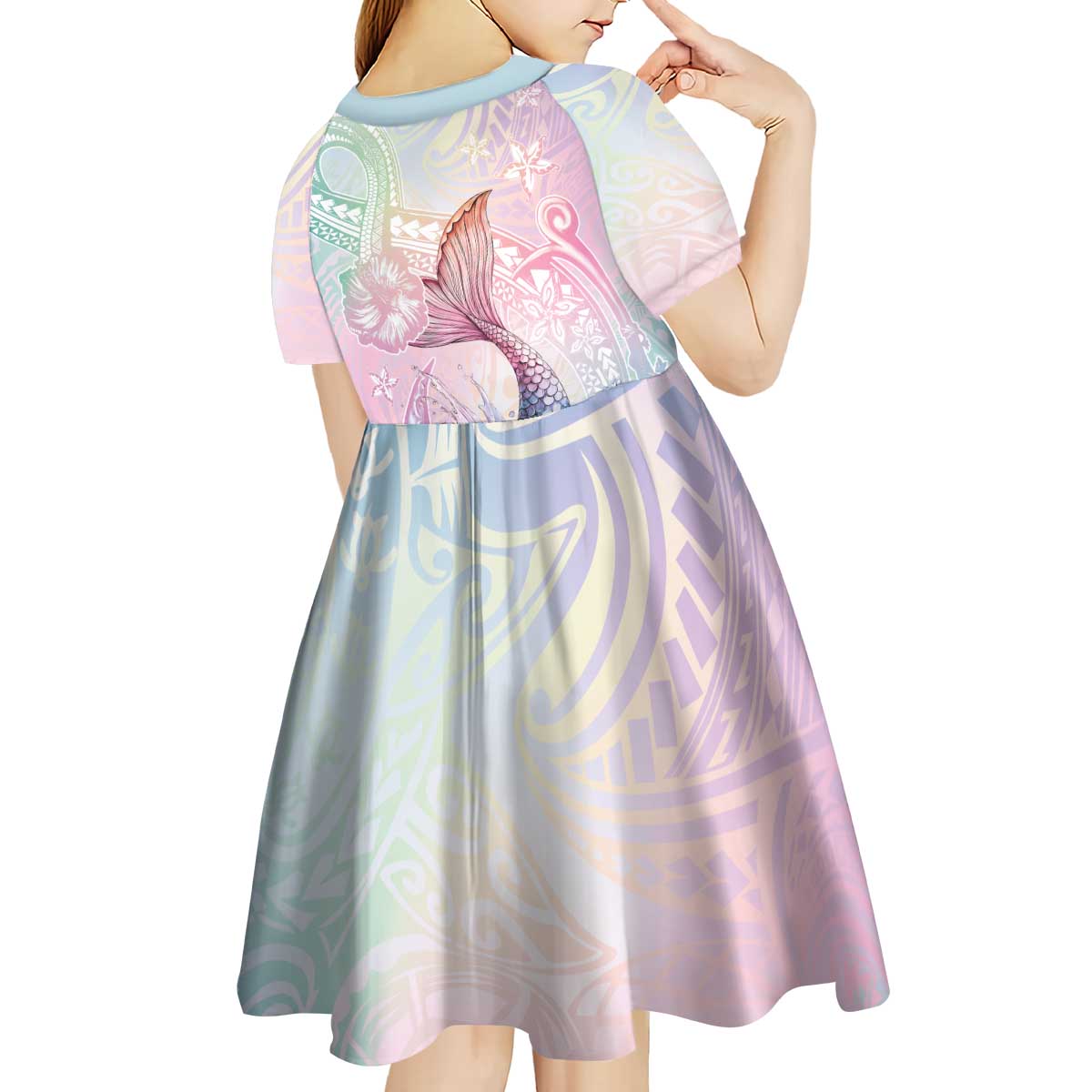 Hawaii Mermaid Sweet Pastel Kid Short Sleeve Dress Polynesian Pattern Fish Hook