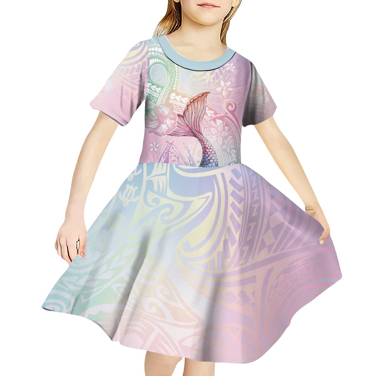 Hawaii Mermaid Sweet Pastel Kid Short Sleeve Dress Polynesian Pattern Fish Hook