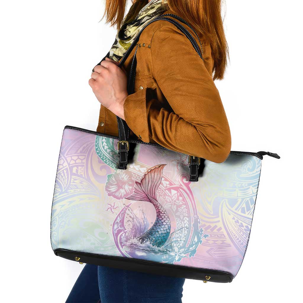 Hawaii Mermaid Sweet Pastel Leather Tote Bag Polynesian Pattern Fish Hook
