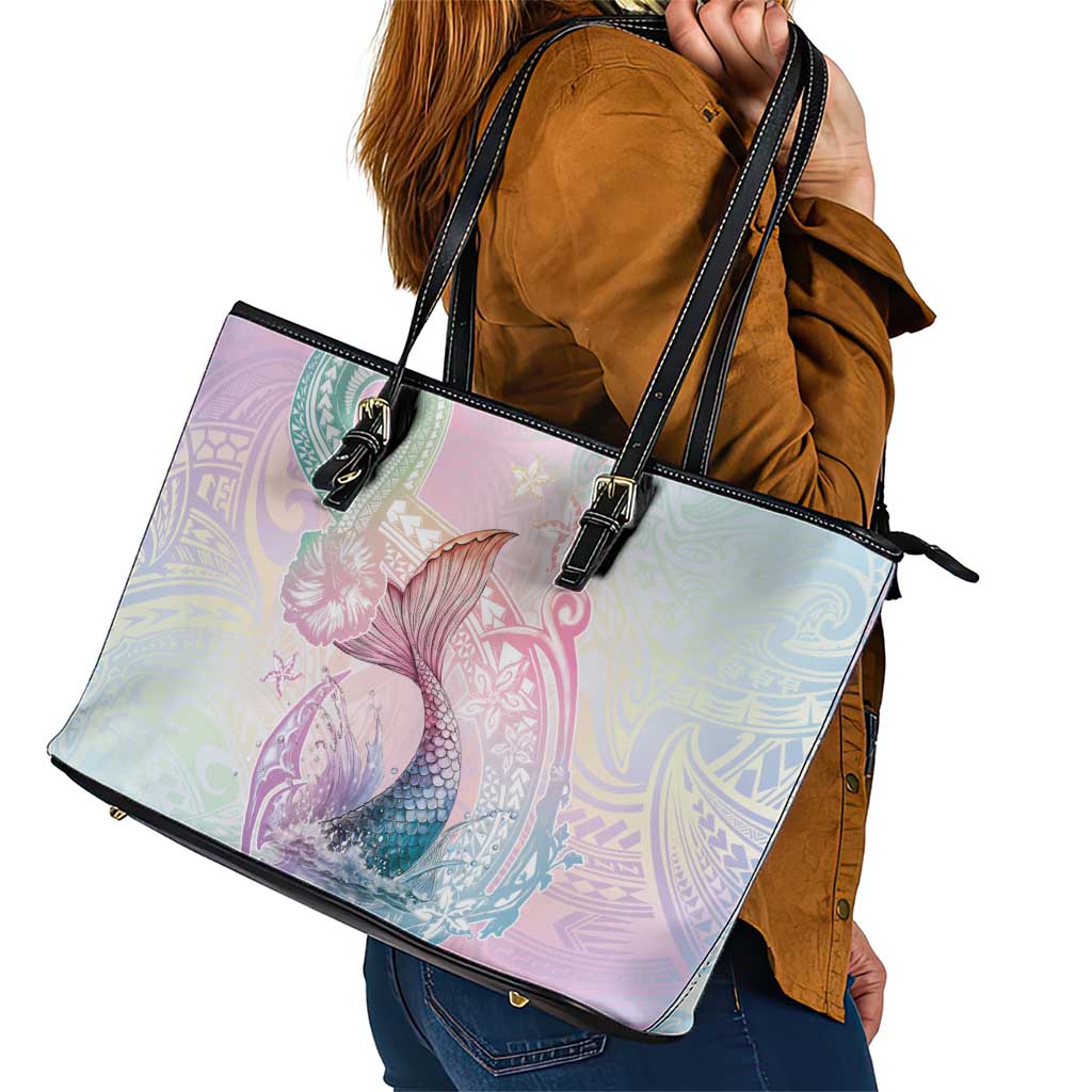 Hawaii Mermaid Sweet Pastel Leather Tote Bag Polynesian Pattern Fish Hook