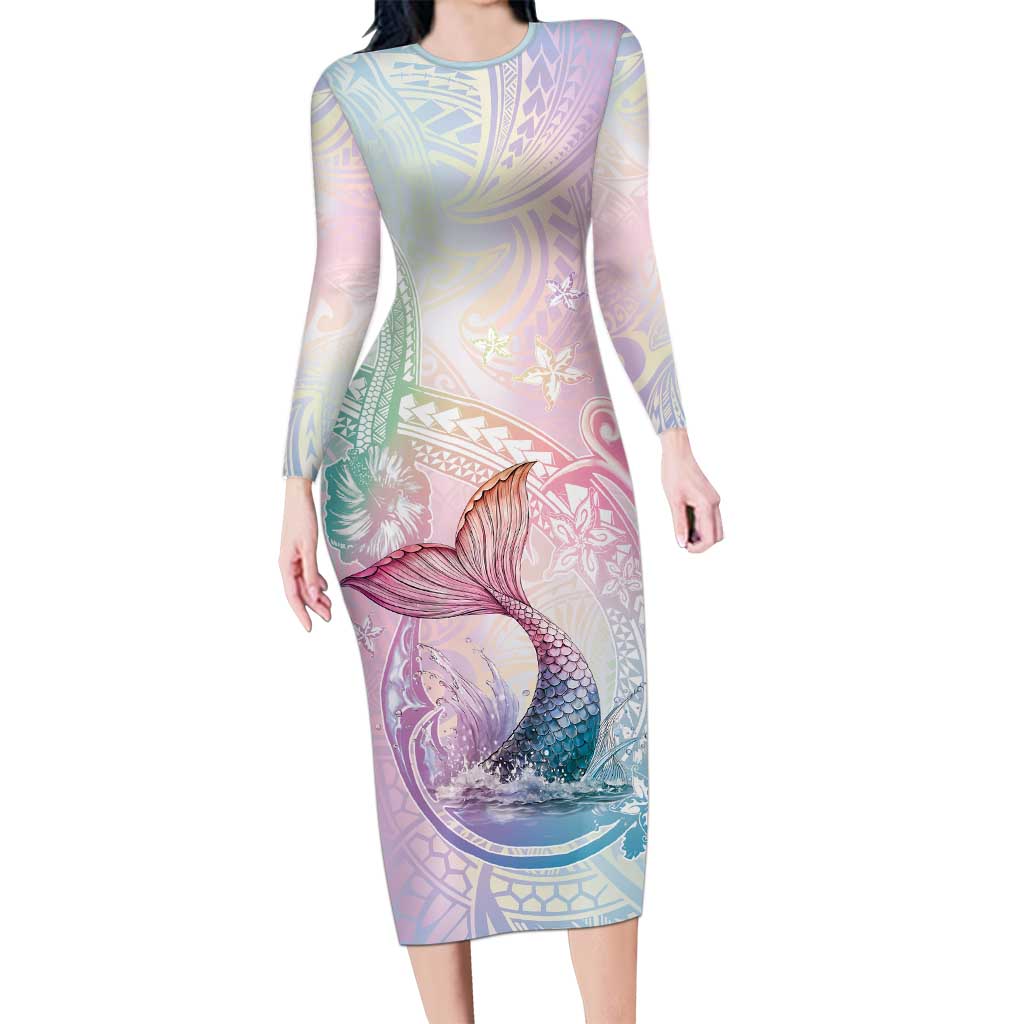 Hawaii Mermaid Sweet Pastel Long Sleeve Bodycon Dress Polynesian Pattern Fish Hook