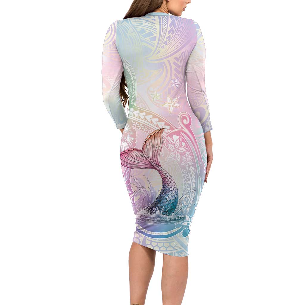 Hawaii Mermaid Sweet Pastel Long Sleeve Bodycon Dress Polynesian Pattern Fish Hook
