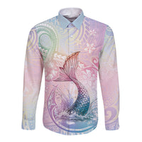 Hawaii Mermaid Sweet Pastel Long Sleeve Button Shirt Polynesian Pattern Fish Hook